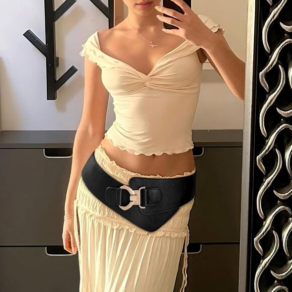 Women's Wide Elastic Stretch Waist Belt Adjustable Dress Belt Matte Black Gold - Picture 4 of 7